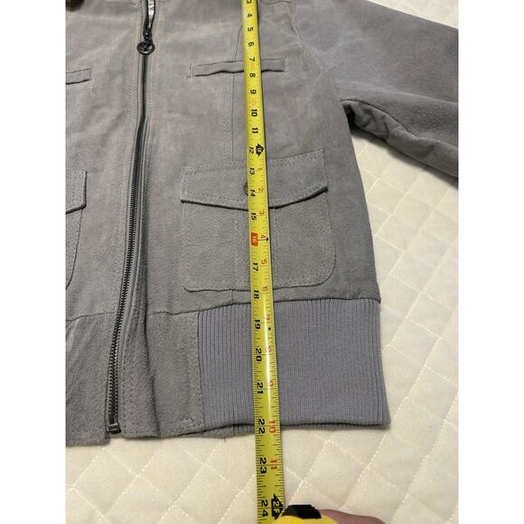NWT DOLLHOUSE Sz Large Bomber Jacket Gray Genuine Leather Suede Faux Fur Hoodie - Picture 16 of 16